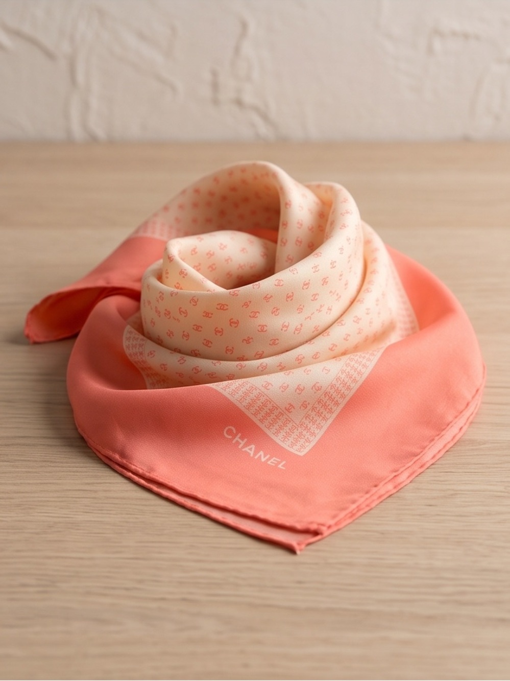 Authentic CHANEL Coral and Cream Silk Scarf - Elegant Women's Accessory